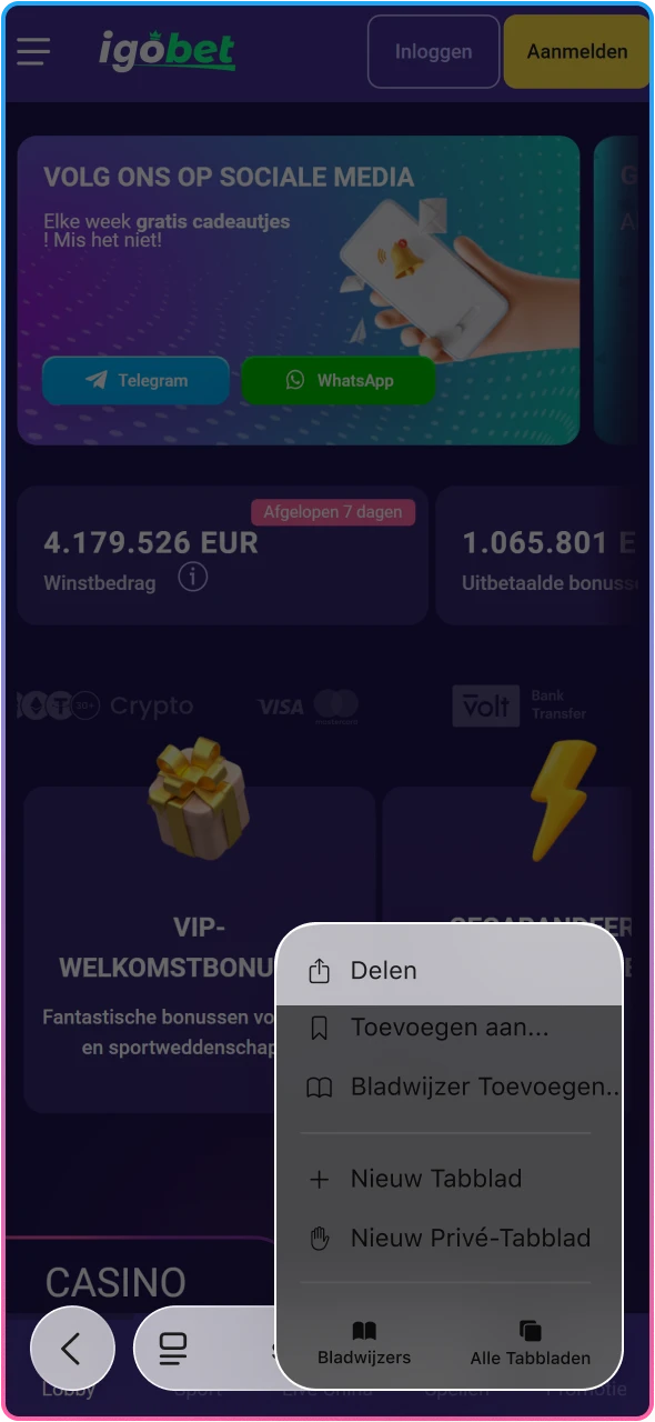 Open het deelmenu in je browser om de IgoBet-app toe te voegen.