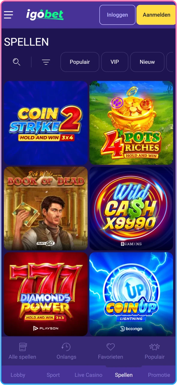 Het uitgebreide online casino aanbod van IgoBet met honderden slots en live tafelspellen.
