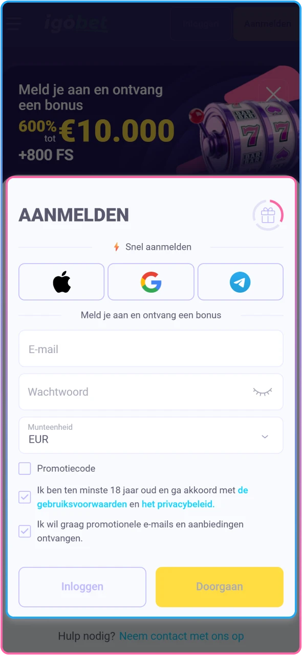 Maak een account aan bij IgoBet om bonussen te claimen.