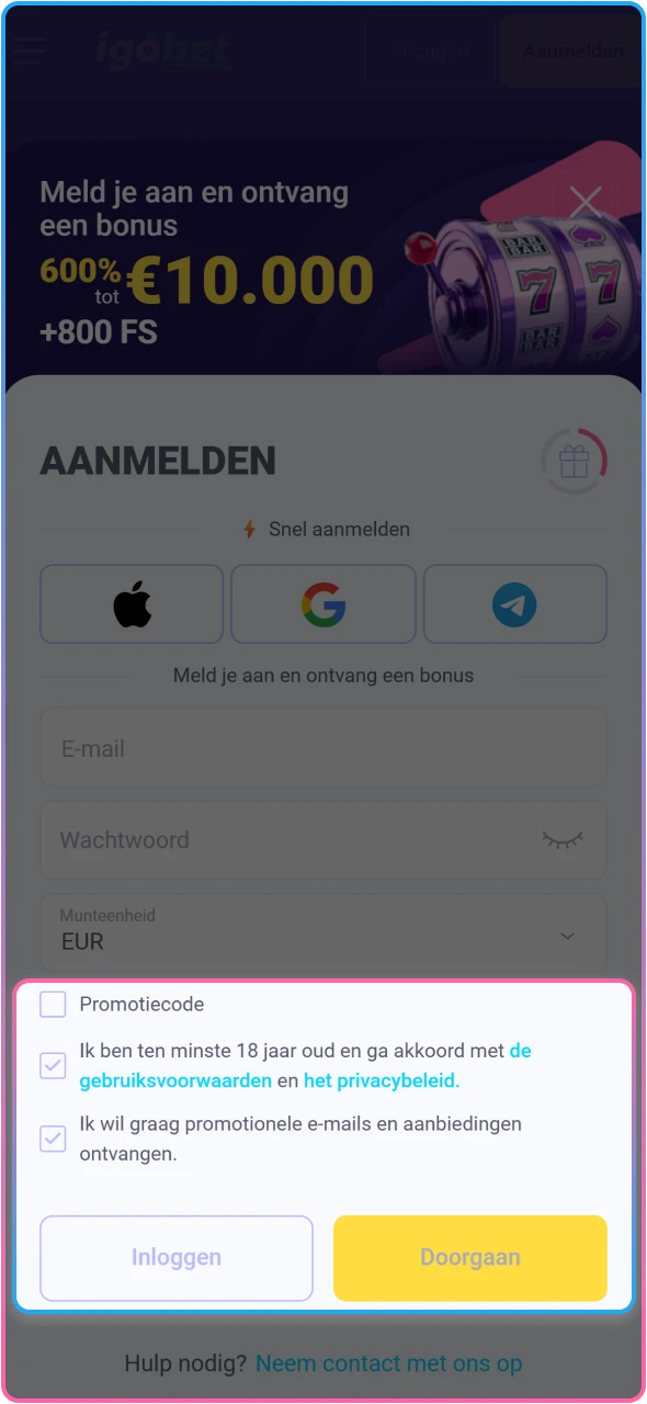 Bevestig je IgoBet account via e-mail of sms om je registratie te voltooien.