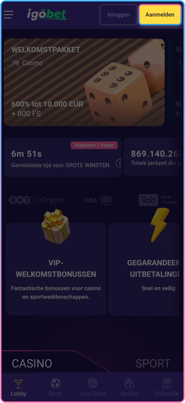 Open de IgoBet app en klik op Registreren om je account aan te maken.
