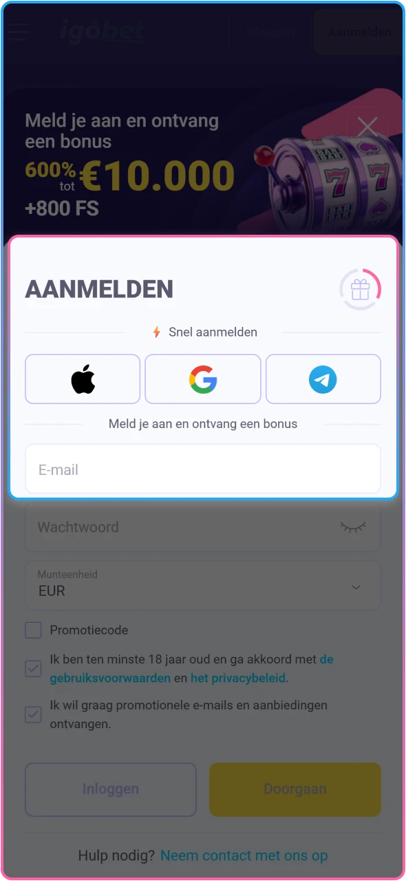 Vul het registratieformulier volledig en correct in om je IgoBet account aan te maken.