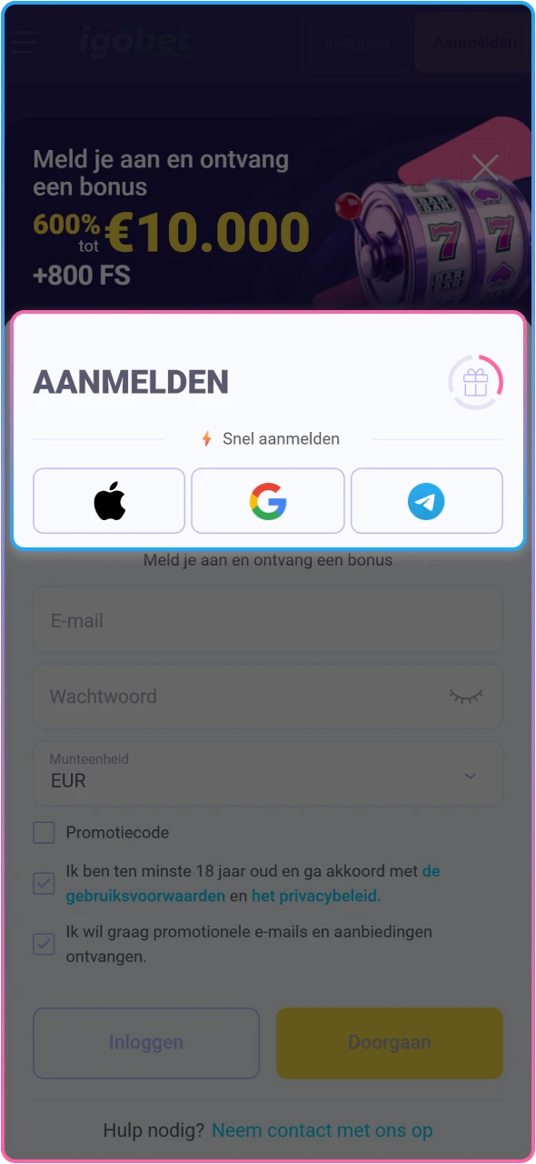 Kies je favoriete registratiemethode om een account aan te maken bij IgoBet.