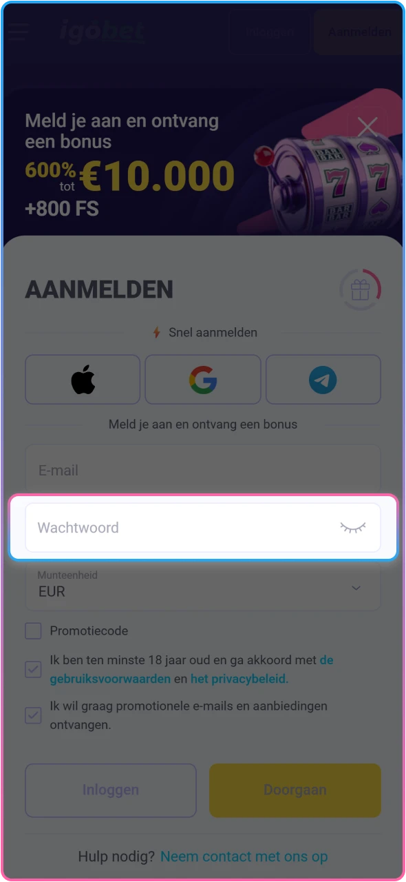 Maak een sterk wachtwoord aan om je IgoBet account te beveiligen.