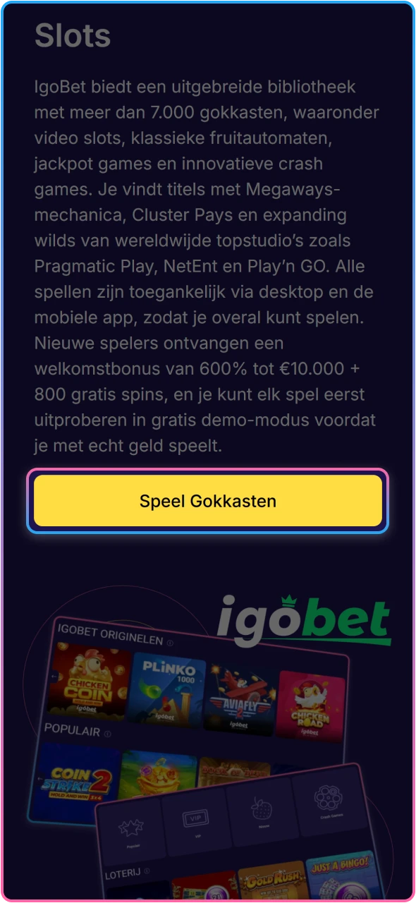 Log in op je persoonlijke IgoBet account om direct te kunnen spelen.