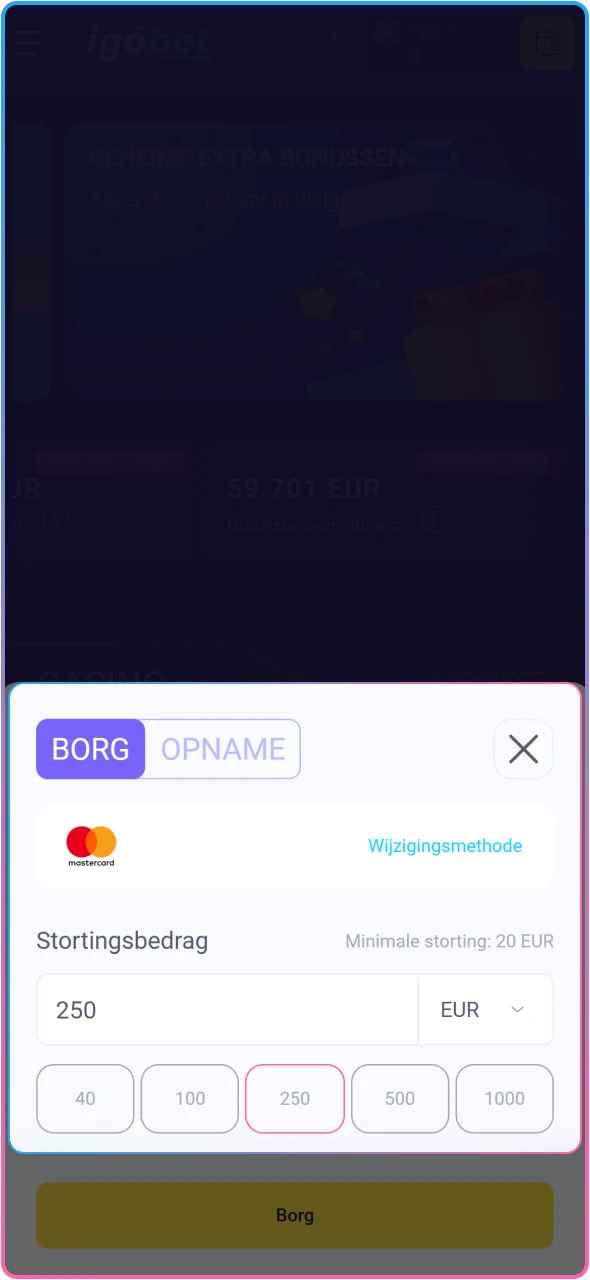 Bepaal het bedrag dat je veilig op je account wilt storten.