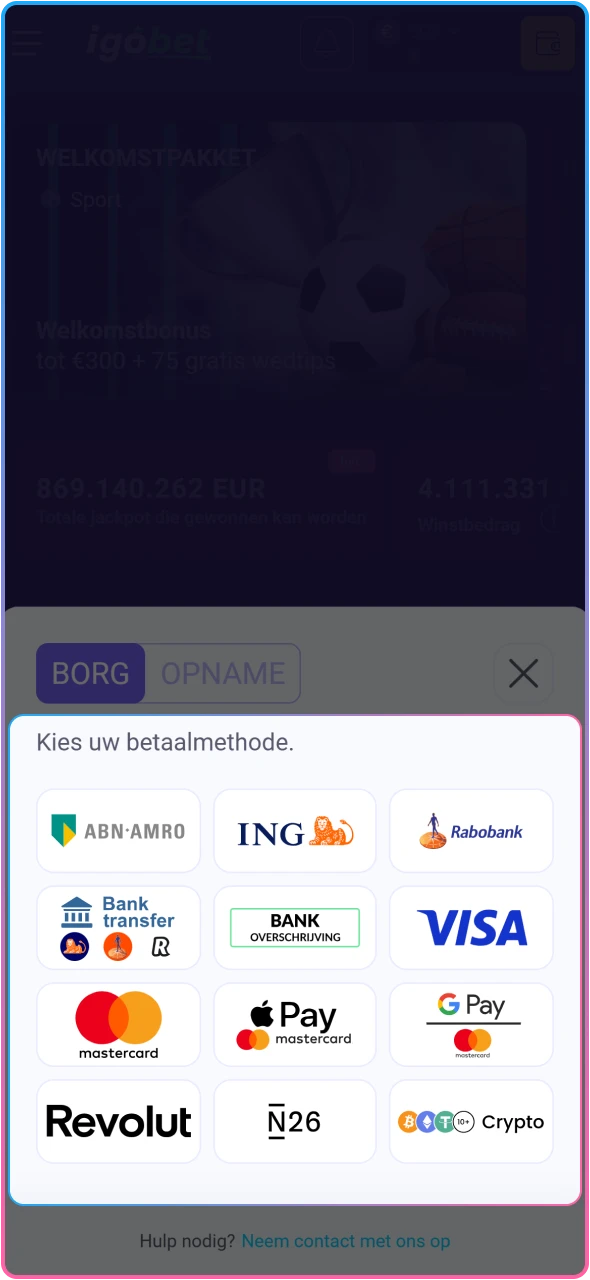Selecteer jouw gewenste betaalmethode voor een snelle storting bij IgoBet.