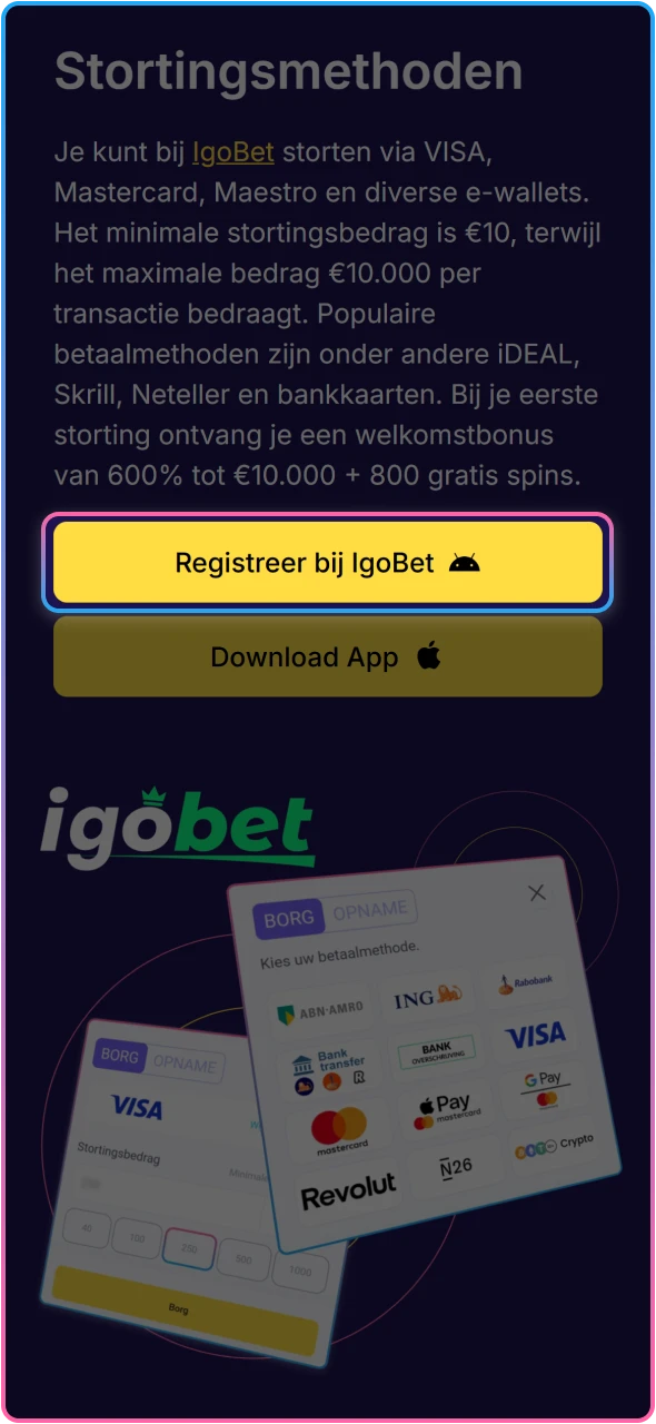 Log in op je IgoBet account om een storting te kunnen doen.