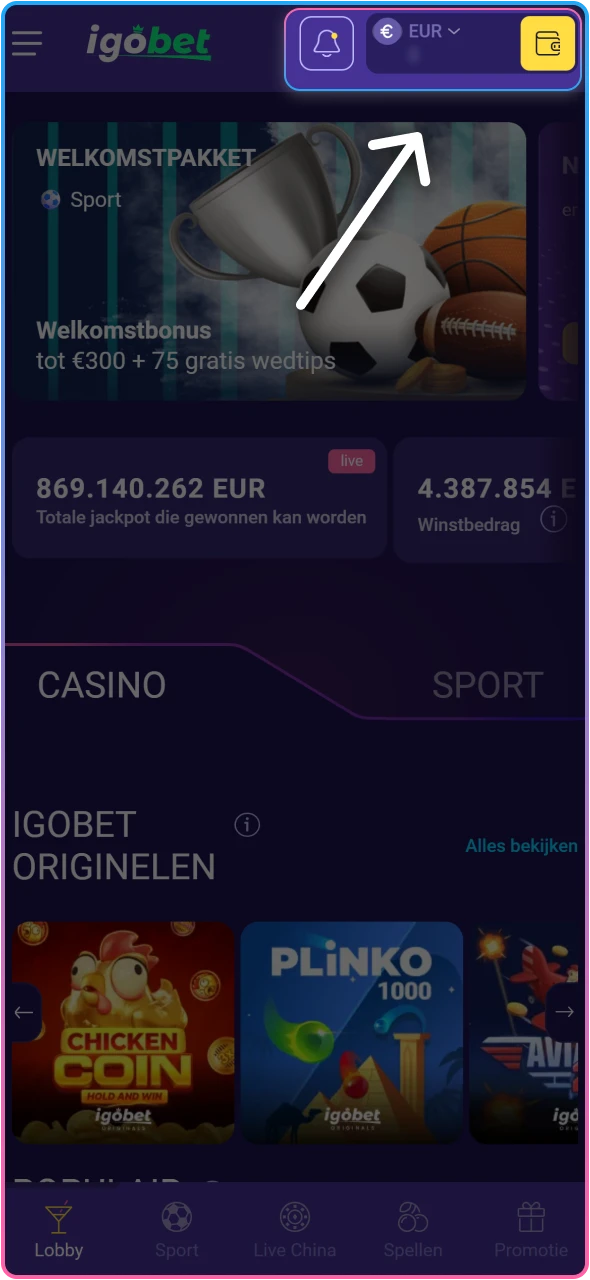 Navigeer naar de stortingspagina in je IgoBet accountmenu.