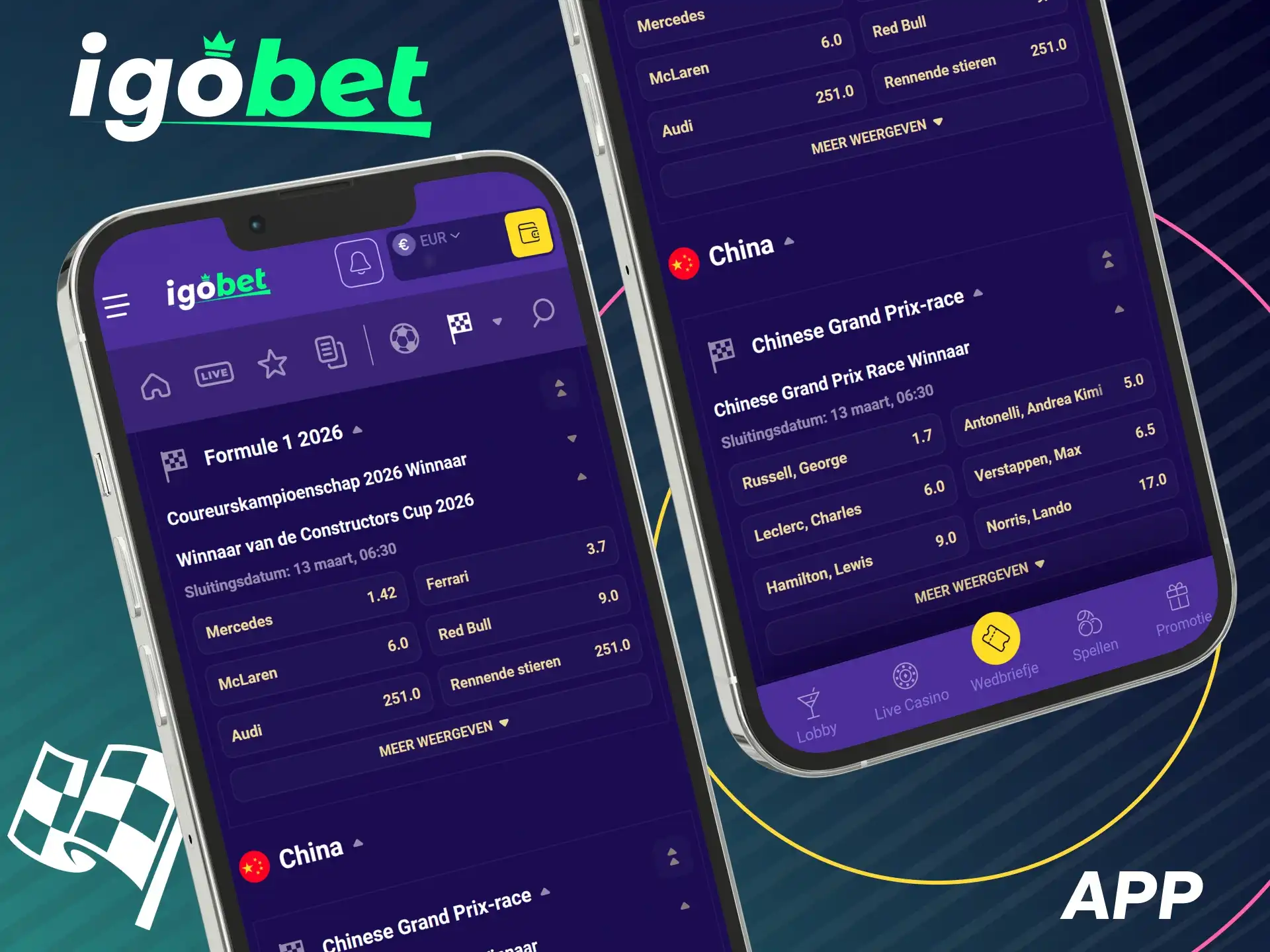 Plaats je Formule 1 weddenschappen eenvoudig via de mobiele IgoBet app.